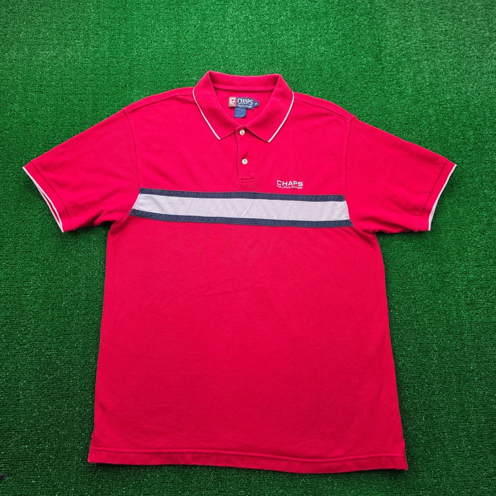 Chaps Ralph Lauren Chest Stripe Polo Shirt Mens Medium Red White Preppy Golf Y2K